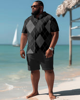 Men's Big and Tall Casual Diamond Plaid Polo Shorts Set
